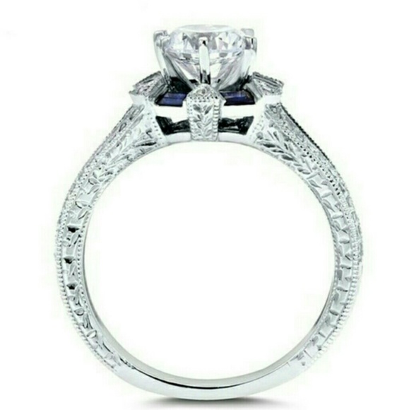 Art Deco 14K plated sterling  White Gold Sapphire moissanite ring … - Picture 2 of 6